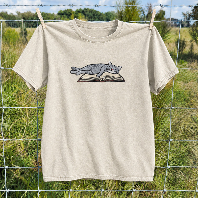 Embroidered Cat Sleeping On Book Washed Crew Neck T-Shirt
