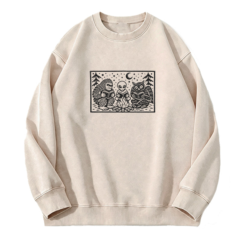 Embroidered Cryptid Book Club Washed Crewneck Sweatshirt
