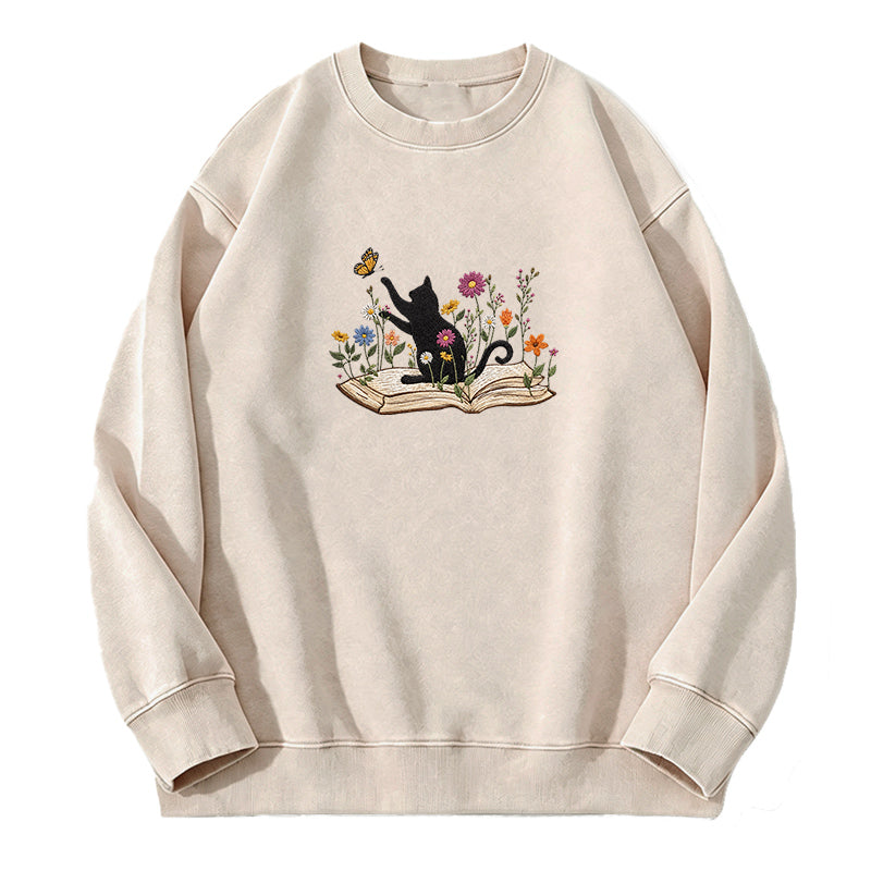 Embroidered Floral Book Cat Washed Crewneck Sweatshirt