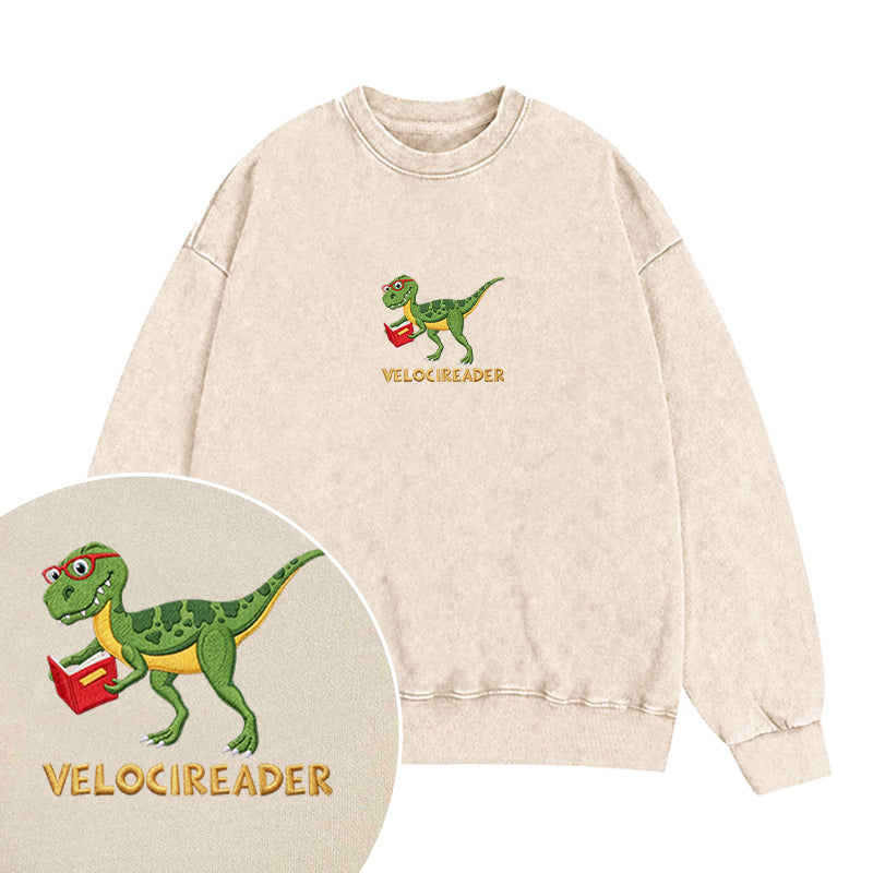 Embroidered Velocireader Dinosaur Reading Washed Crewneck Sweatshirt