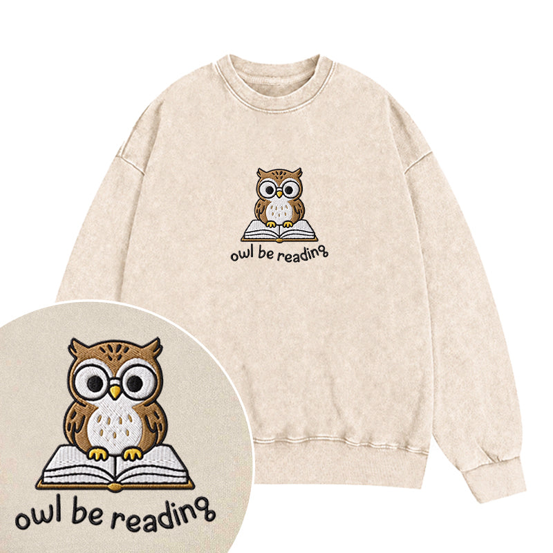 Embroidered Owl Be Reading Washed Crewneck Sweatshirt