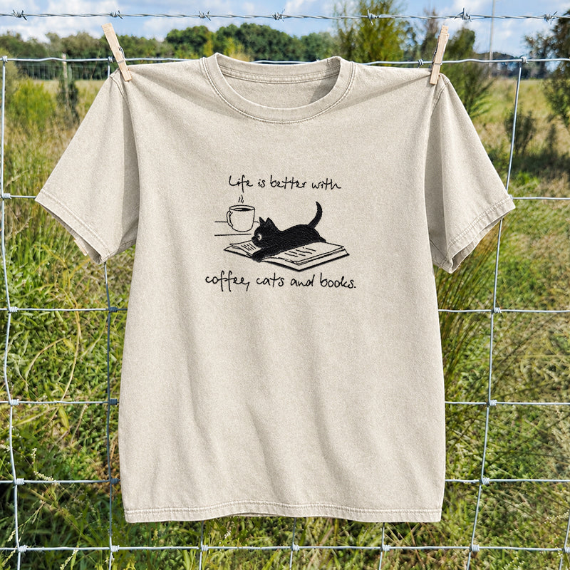 Embroidered Coffee Cat and Books Washed Crew Neck T-Shirt