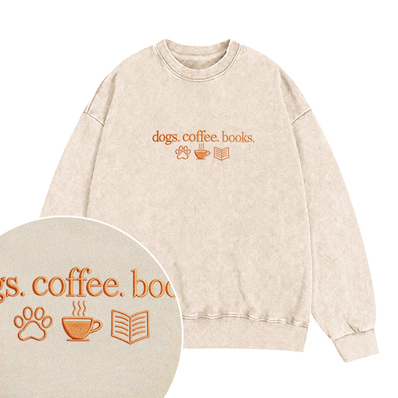 Embroidered Dogs Coffee Books Washed Crewneck Sweatshirt