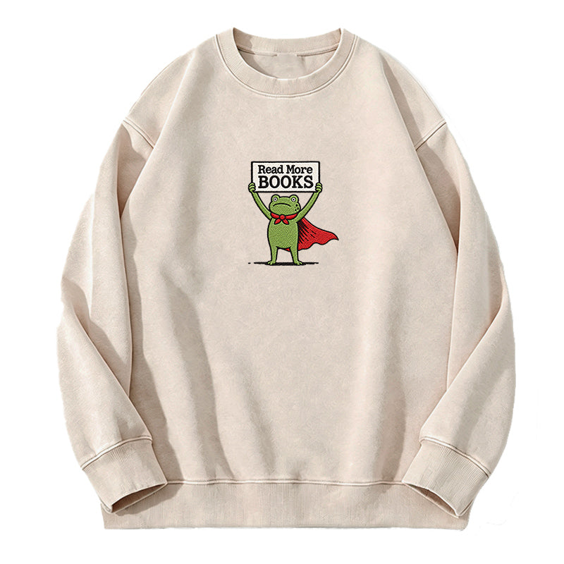 Embroidered Read More Books Frog Washed Crewneck Sweatshirt