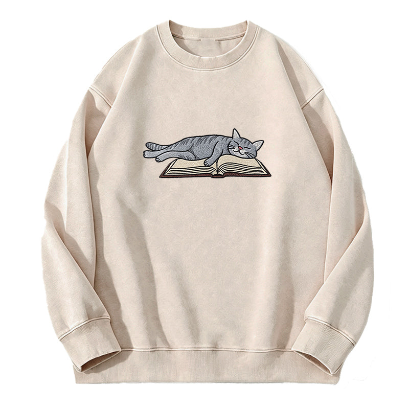 Embroidered Cat Sleeping On Book Washed Crewneck Sweatshirt