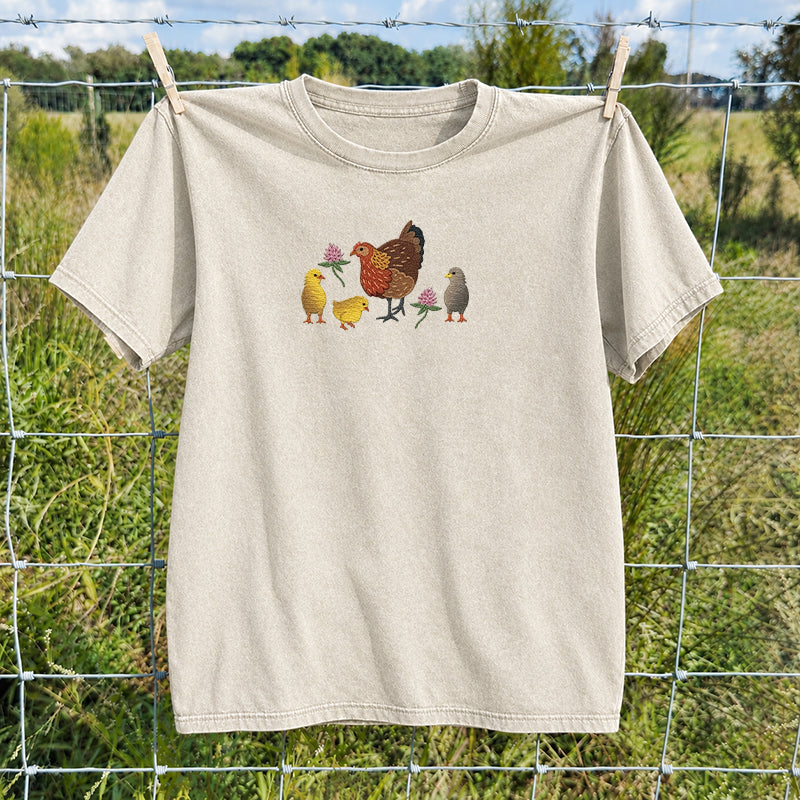 Embroidered Hen & Chicks Washed Crew Neck T-Shirt