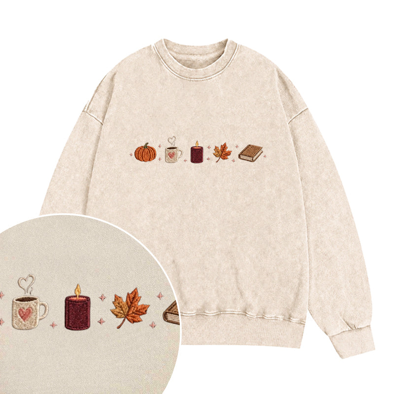 Embroidered Autumn Icons Washed Crewneck Sweatshirt
