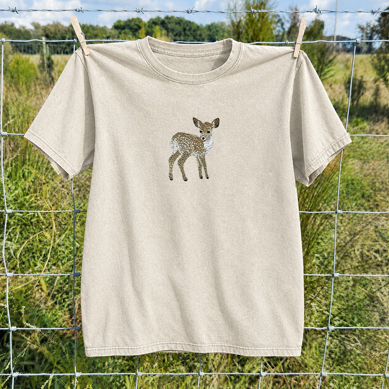 Embroidered Forest Deer Washed Crew Neck T-Shirt