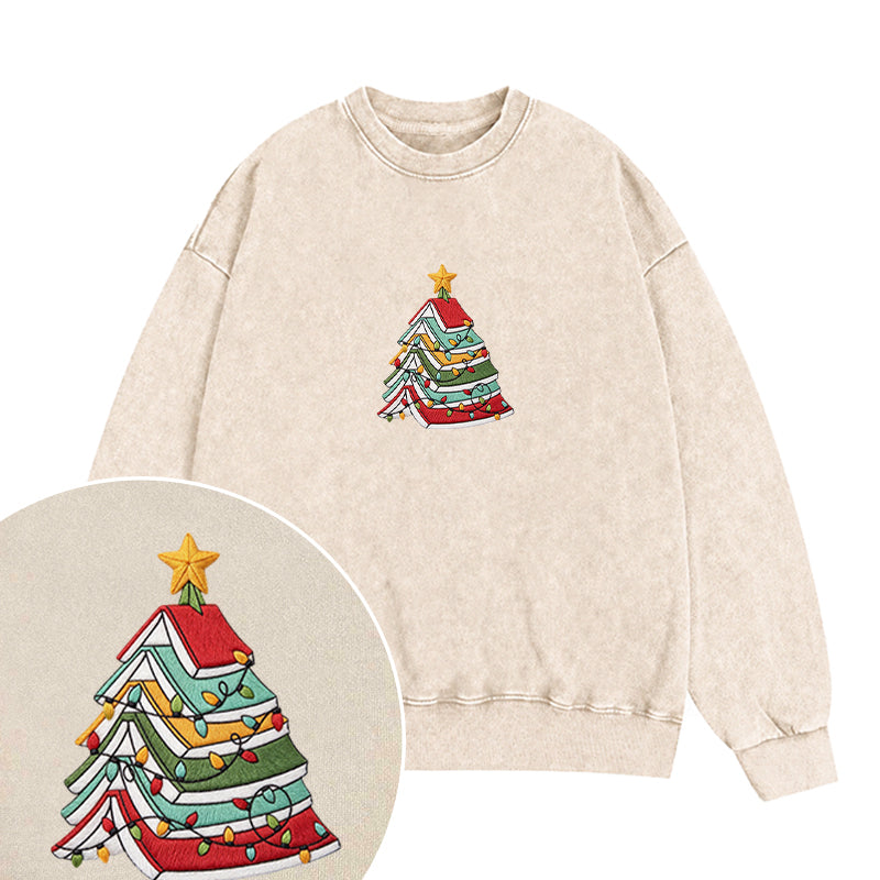 Embroidered Book Christmas Tree Washed Crewneck Sweatshirt
