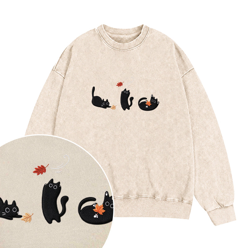 Embroidered Black Cats and Fall Leaves Washed Crewneck Sweatshirt