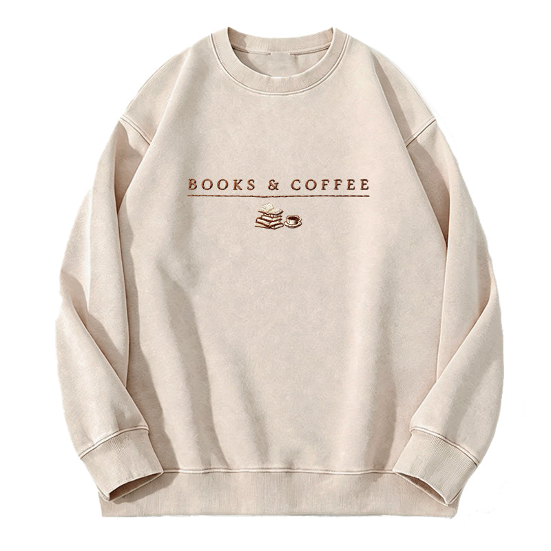 Embroidered Book & Coffee Washed Crewneck Sweatshirt