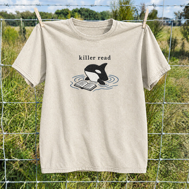 Embroidered Killer Read Orca Washed Crew Neck T-Shirt
