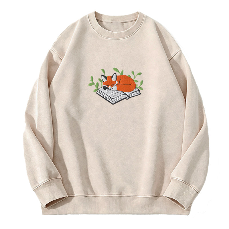 Embroidered Fox Book Nap Washed Crewneck Sweatshirt