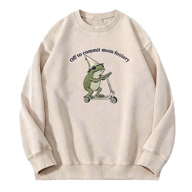 Embroidered Off To Commit Mom Foolery Washed Crewneck Sweatshirt