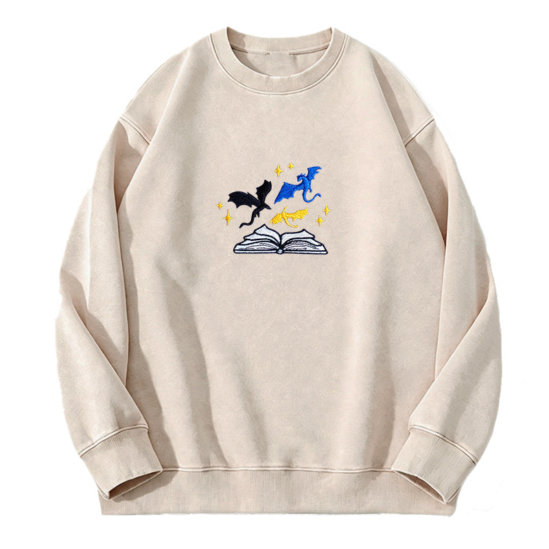 Embroidered Book And Dragons Washed Crewneck Sweatshirt