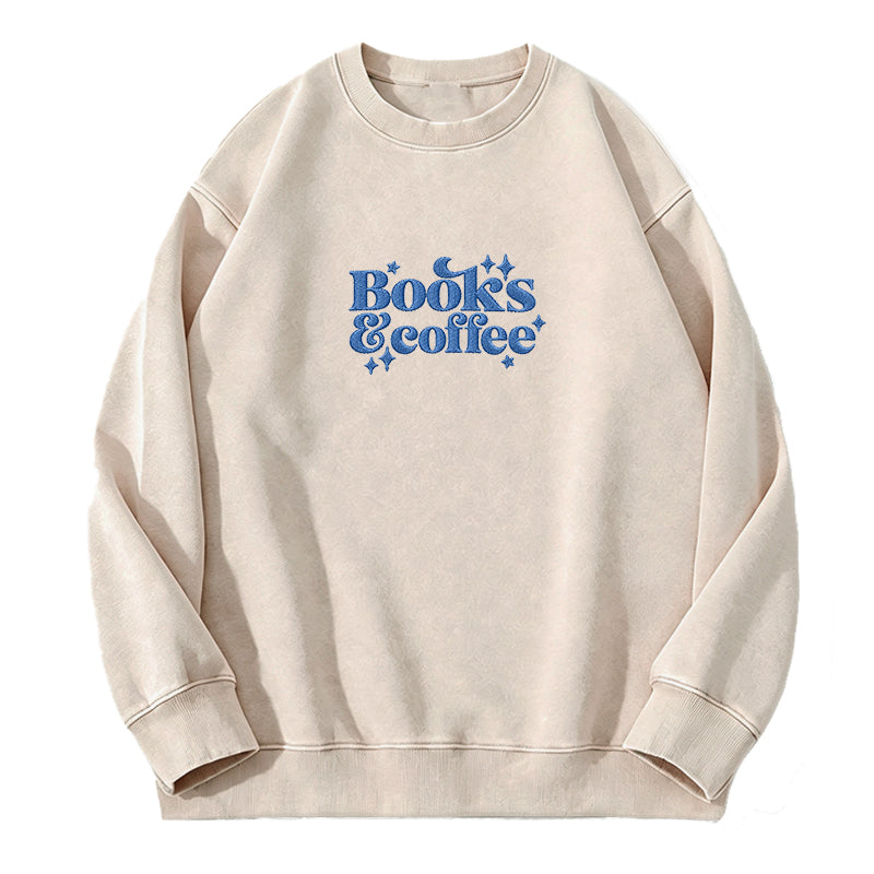 Embroidered Books & Coffee Washed Crewneck Sweatshirt