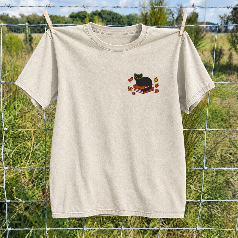Embroidered Autumn Black Cat Book Washed Crew Neck T-Shirt