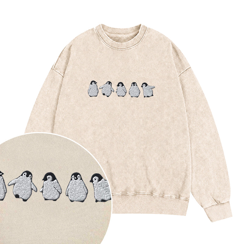 Embroidered Cute Penguins Washed Crewneck Sweatshirt