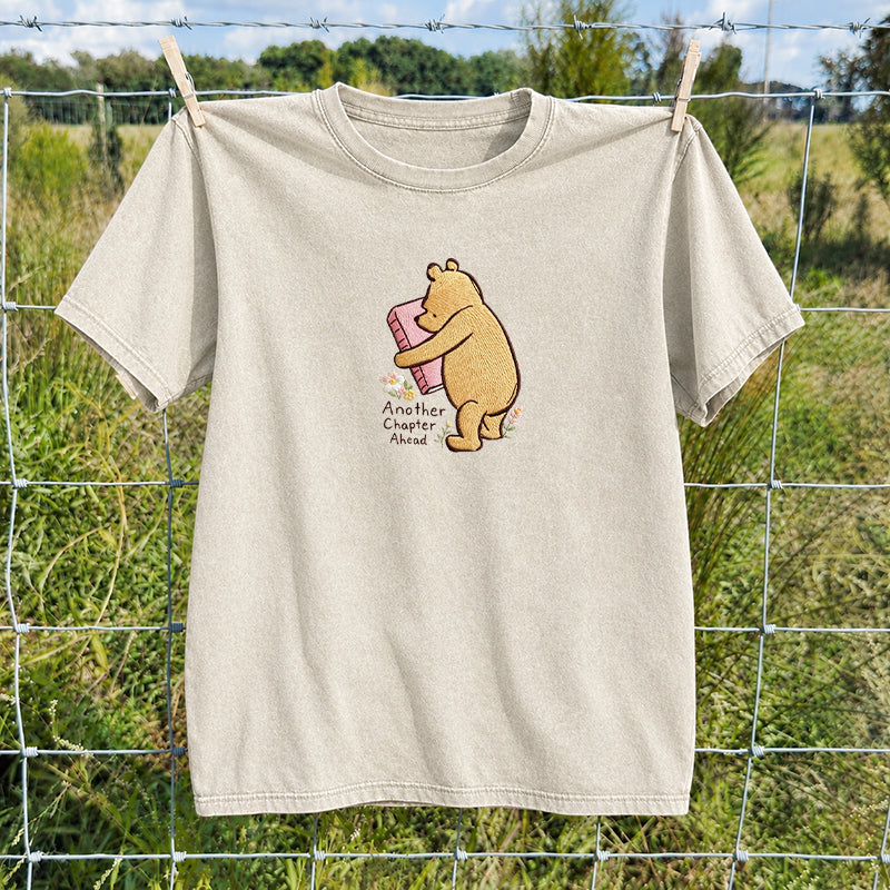 Embroidered Reading Bear Another Chapter Washed Crew Neck T-Shirt