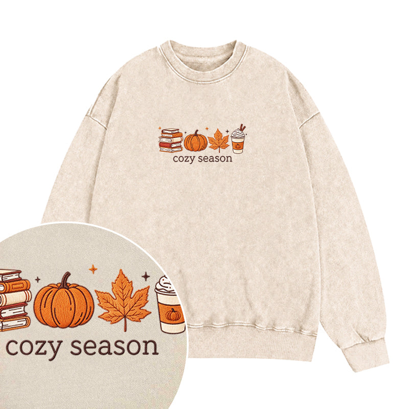 Embroidered Cozy Seasons Book Lover Washed Crewneck Sweatshirt