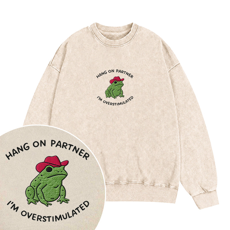 Embroidered Hang On Partner Cowboy Frog Washed Crewneck Sweatshirt