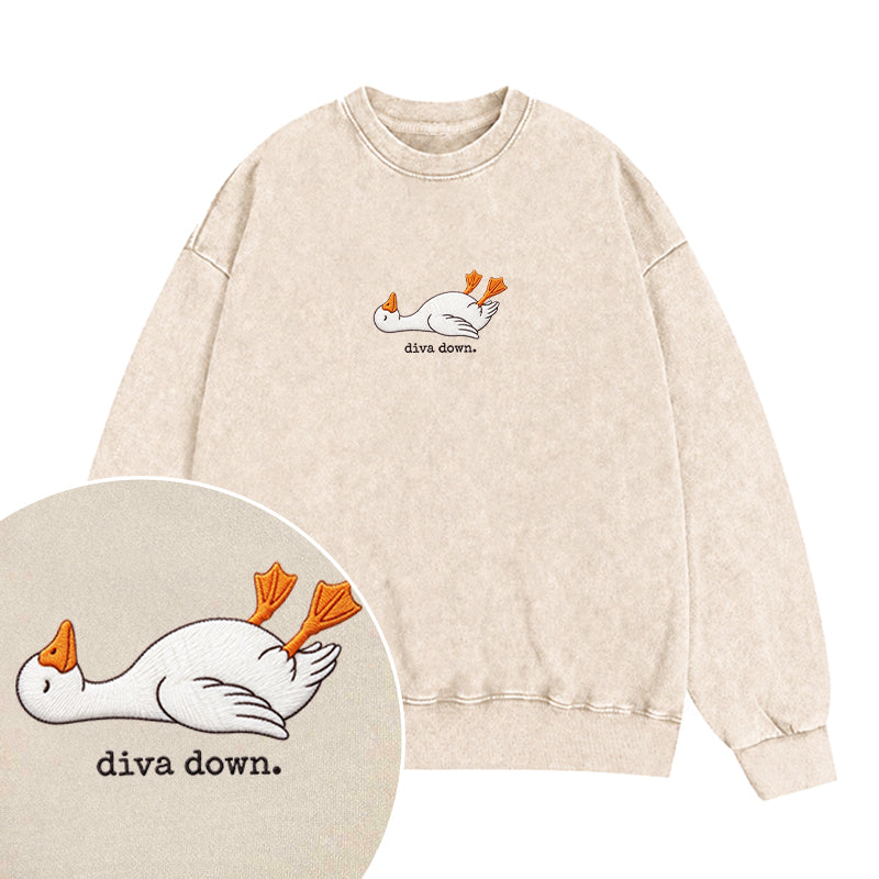 Embroidered Diva Down Goose Washed Crewneck Sweatshirt