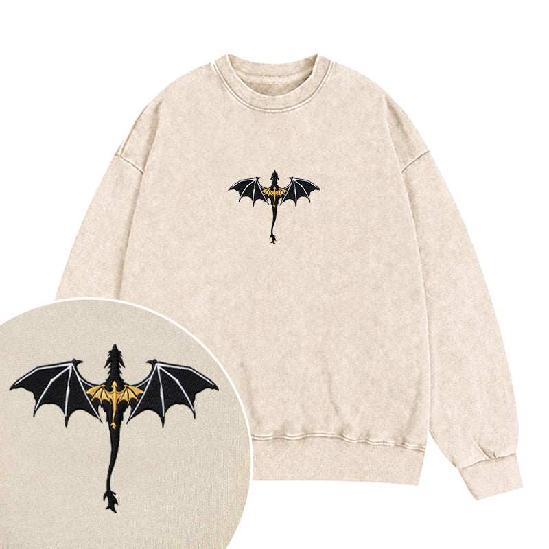 Embroidered Fantasy Book Dragon Washed Crewneck Sweatshirt