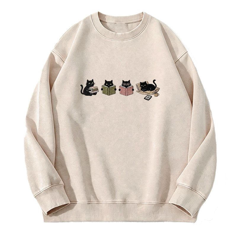 Embroidered Black Cat Reading Washed Crewneck Sweatshirt