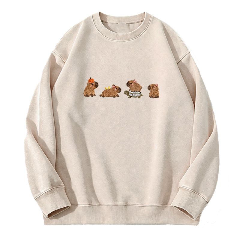 Embroidered Cute Capybara Washed Crewneck Sweatshirt