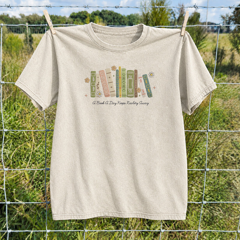 Embroidered A Book A Day Washed Crew Neck T-Shirt