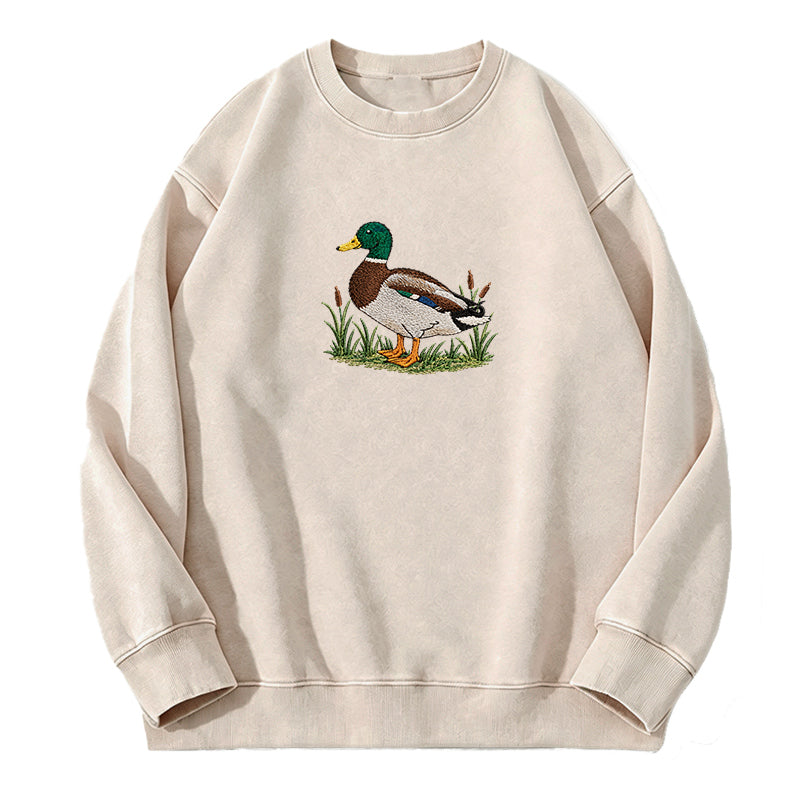 Embroidered Mallard Duck Washed Crewneck Sweatshirt