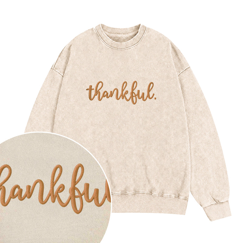 Embroidered Thankful Thanksgiving Washed Crewneck Sweatshirt