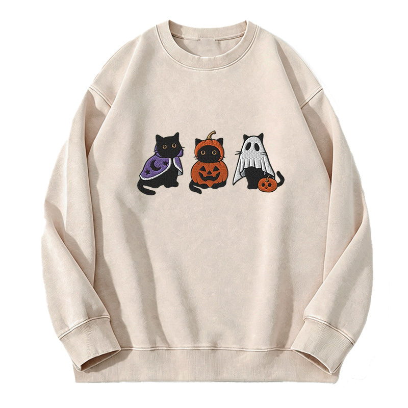 Embroidered Funny Halloween Black Cats Washed Crewneck Sweatshirt