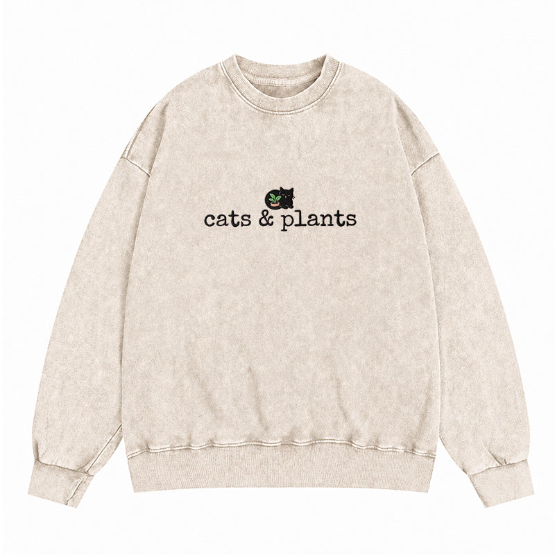 Embroidered Cat and Plants Washed Crewneck Sweatshirt