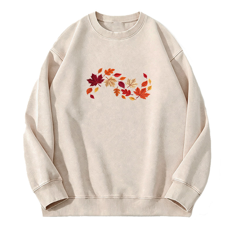 Embroidered Autumn Leaves Washed Crewneck Sweatshirt