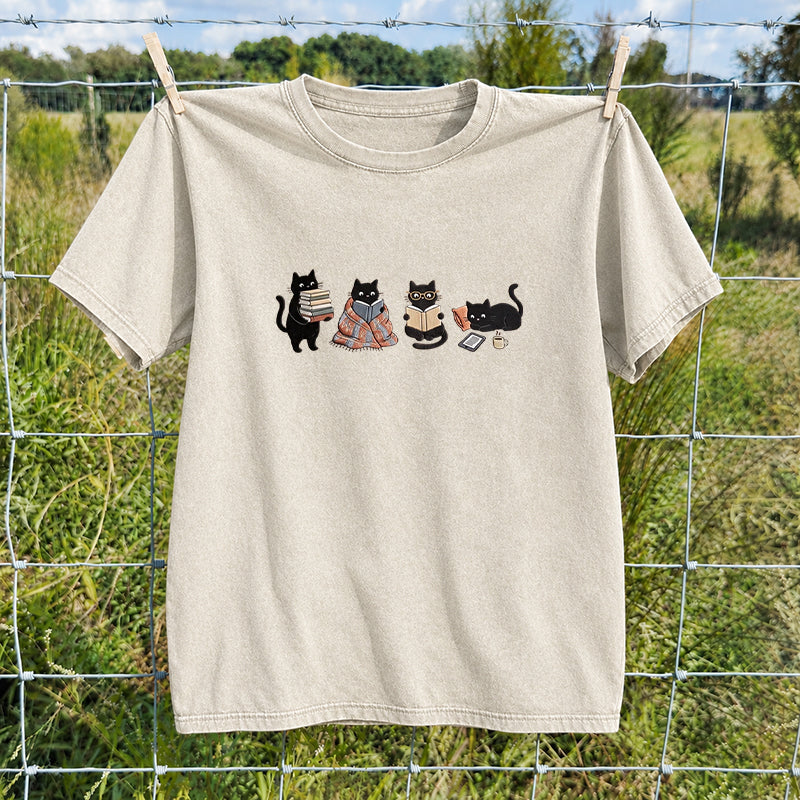 Embroidered Bookish Black Cats Washed Crew Neck T-Shirt