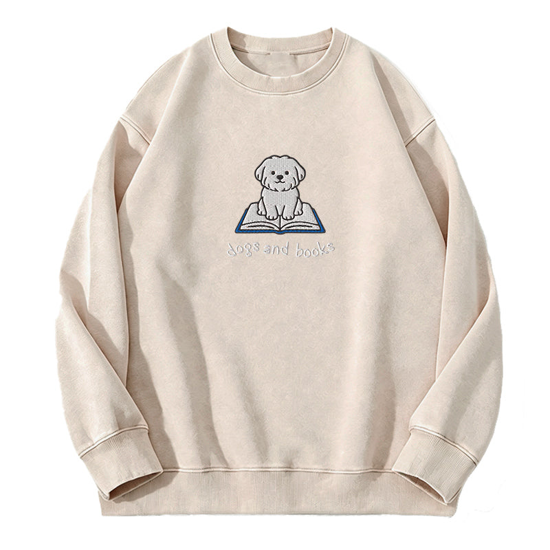 Embroidered Dogs And Books Washed Crewneck Sweatshirt