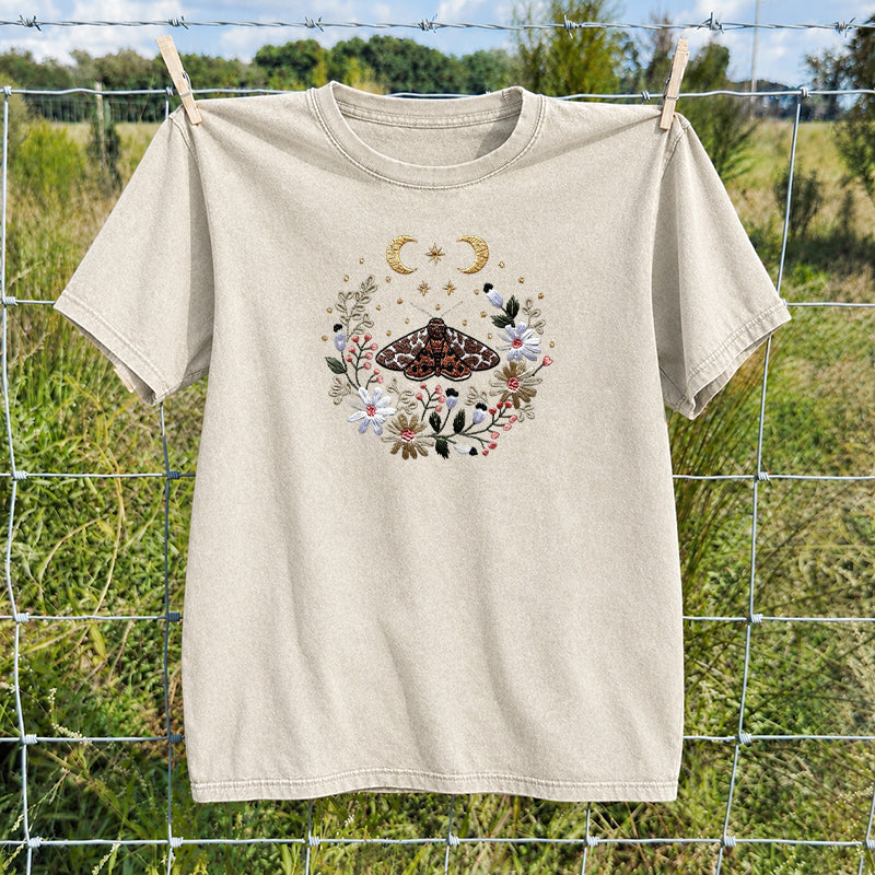 Embroidered Cottagecore Moth Washed Crew Neck T-Shirt