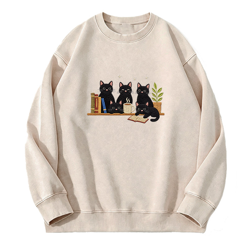 Embroidered Black Cat On Bookshelf Washed Crewneck Sweatshirt