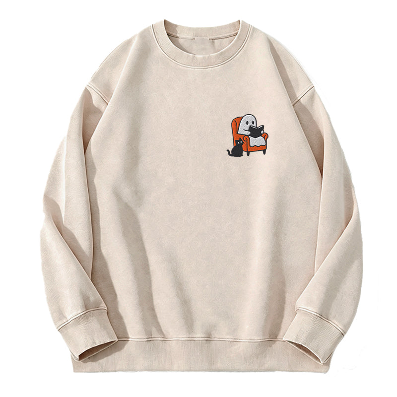 Embroidered Ghost Reading On Sofa Washed Crewneck Sweatshirt