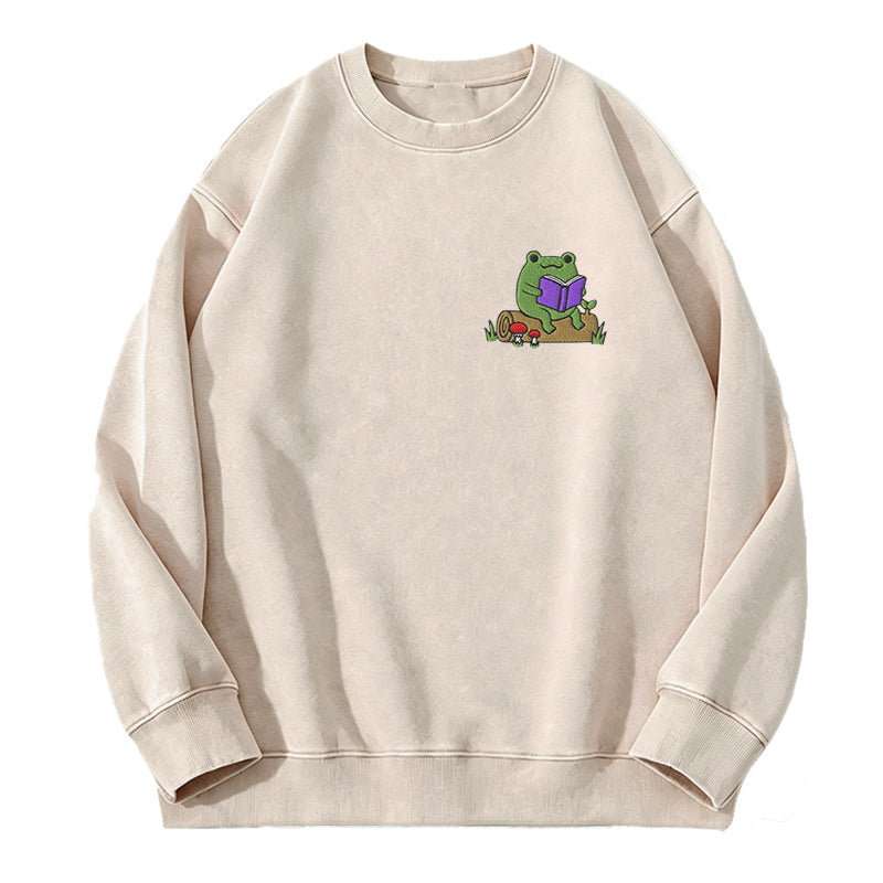 Embroidered Reading Frog Washed Crewneck Sweatshirt
