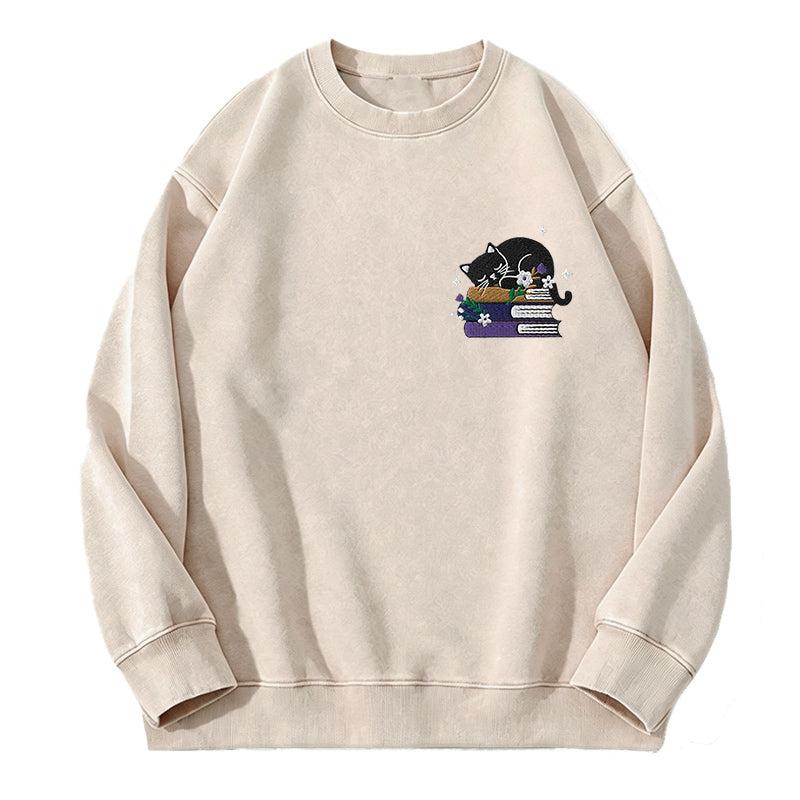 Embroidered Cat Book Washed Crewneck Sweatshirt