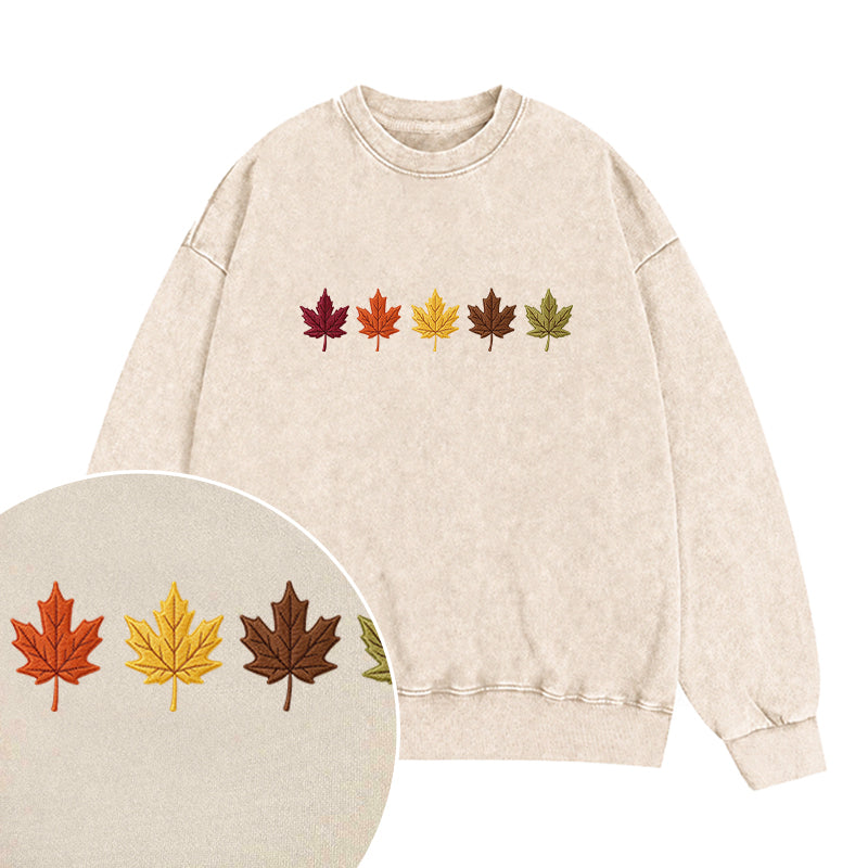 Embroidered Fall Maple Leaves Washed Crewneck Sweatshirt