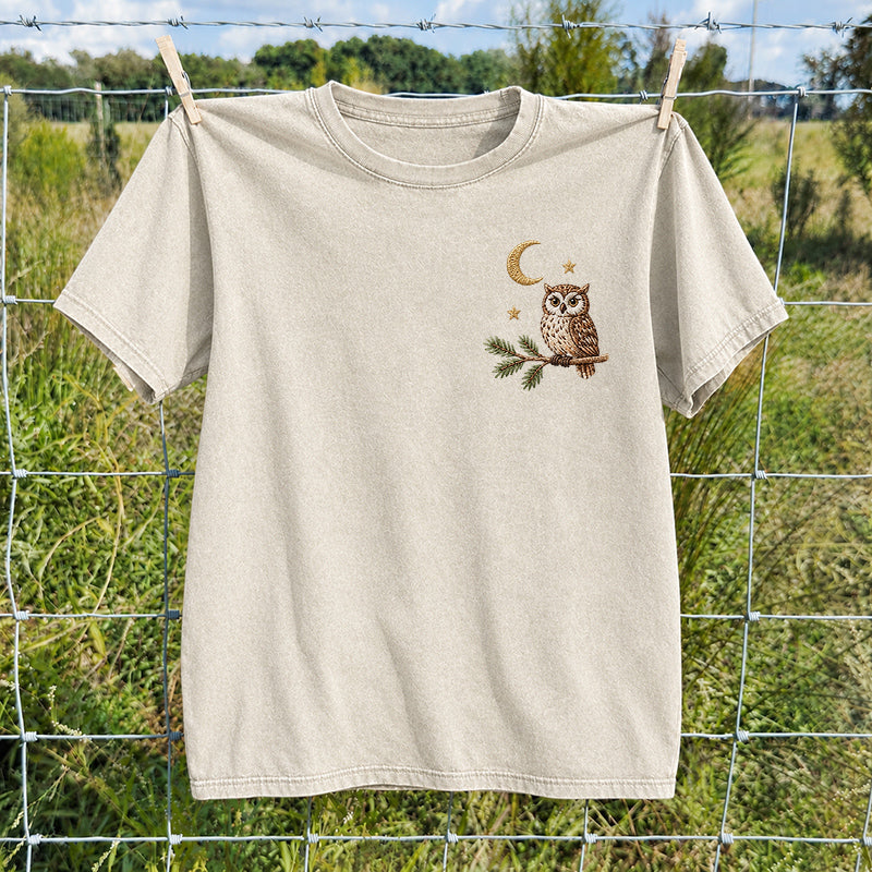 Embroidered Night Owl Washed Crew Neck T-Shirt