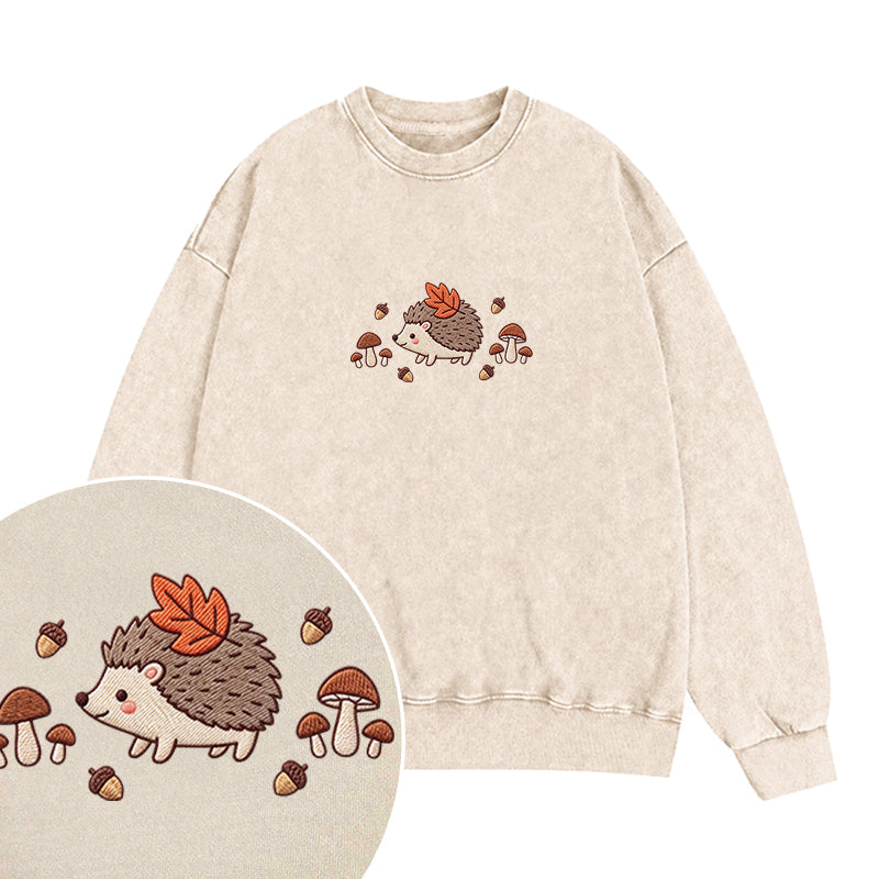 Embroidered Hedgehog Mushroom Washed Crewneck Sweatshirt