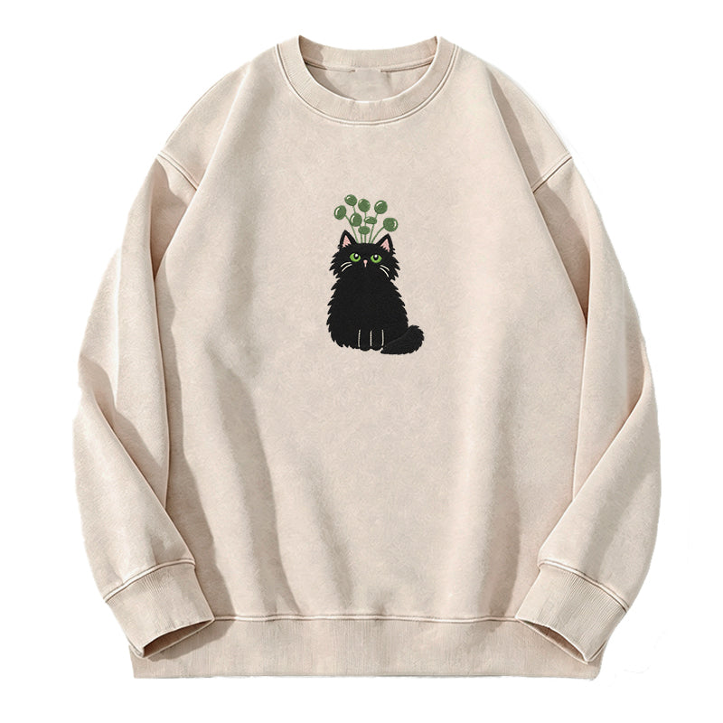 Embroidered Plant Black Cat Washed Crewneck Sweatshirt
