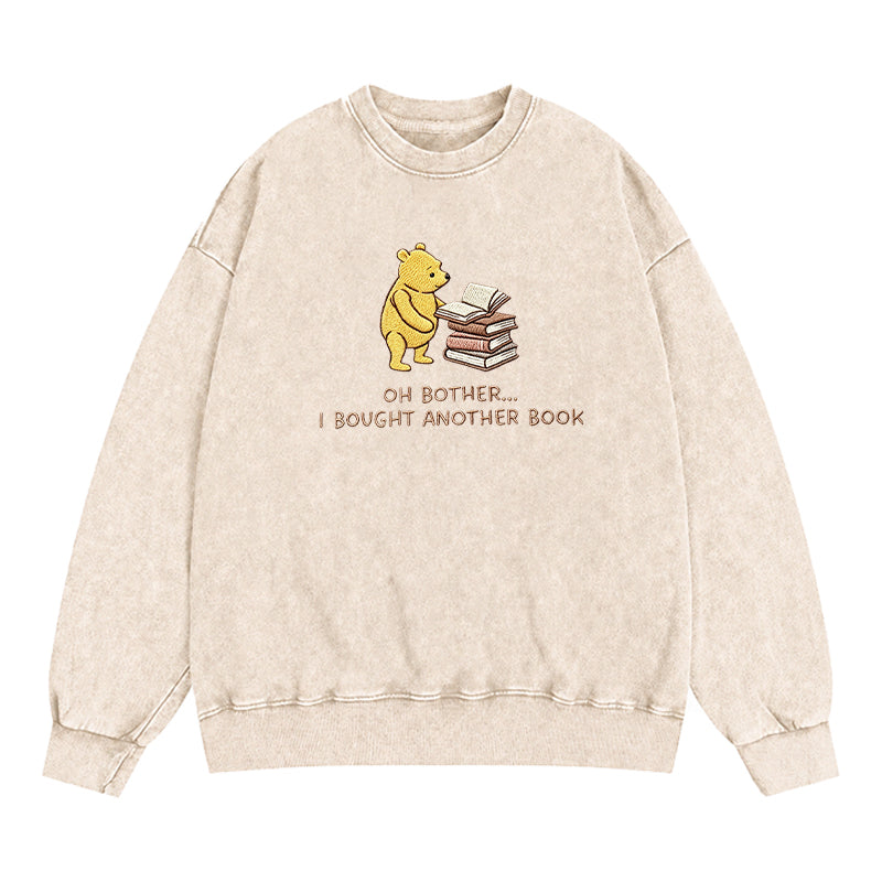 Embroidered Funny Bear Reading Books Washed Crewneck Sweatshirt