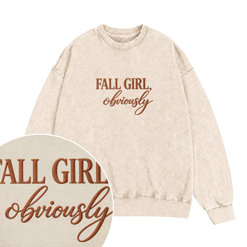 Embroidered Fall Girl Obviously Washed Crewneck Sweatshirt