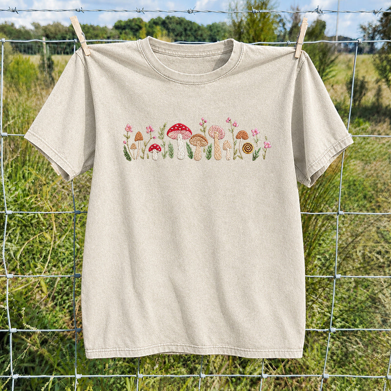 Embroidered Enchanted Mushroom Washed Crew Neck T-Shirt
