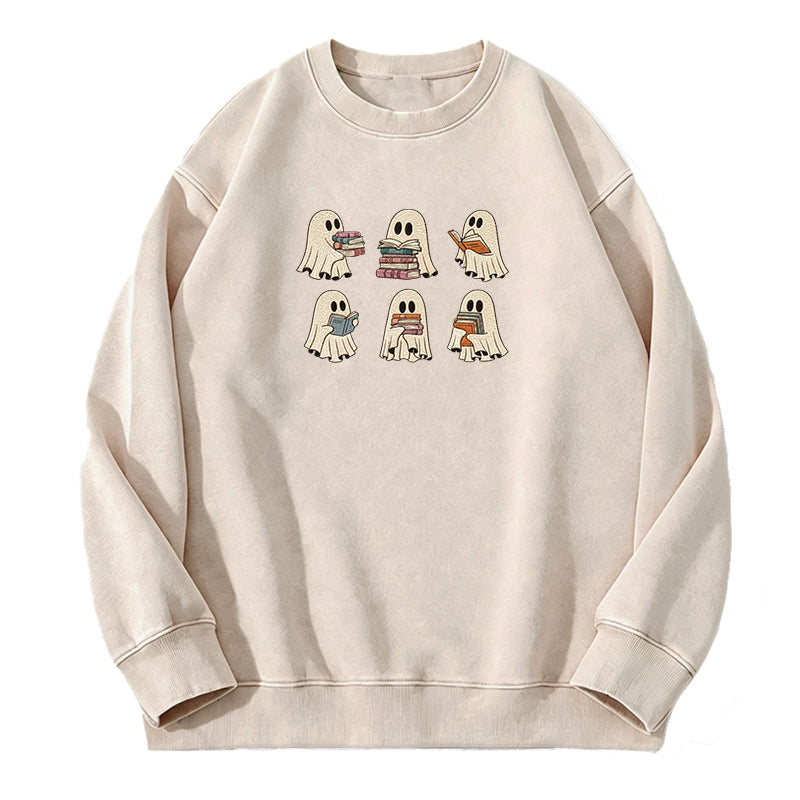 Embroidered Halloween Ghost Book Washed Crewneck Sweatshirt